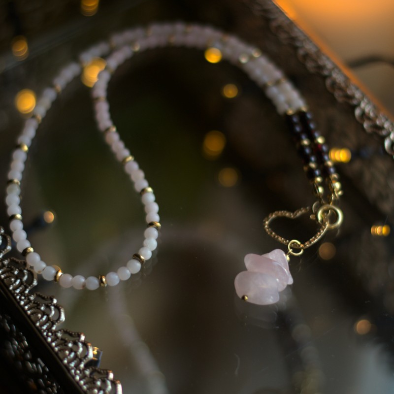 Naszyjnik Kwarc Różowy & Granat - Miłość i Witalność