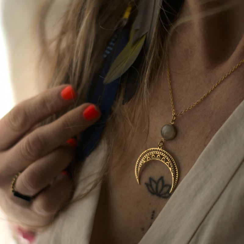 Naszyjnik z Kwarcem różowym i Lunulą - Lunula Światła serca