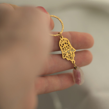Zawieszka Amulet - Ażurowa Hamsa z surowym Turmalinem